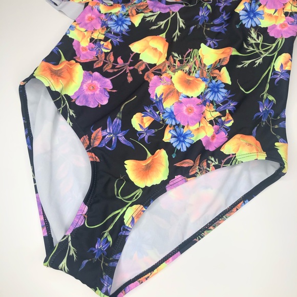 Flower Women’s One Piece Shoulder Swimsuit NWT Black Pink Small - Picture 4 of 16